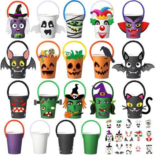 Sliner 190 Pcs Halloween DIY Paper Cup Craft Kits, 9 oz Halloween Theme Paper Cups Happy Halloween Party DIY Cards Colorful Twist Ties for Boys Girls Halloween Holiday DIY Crafts Supplies Favors