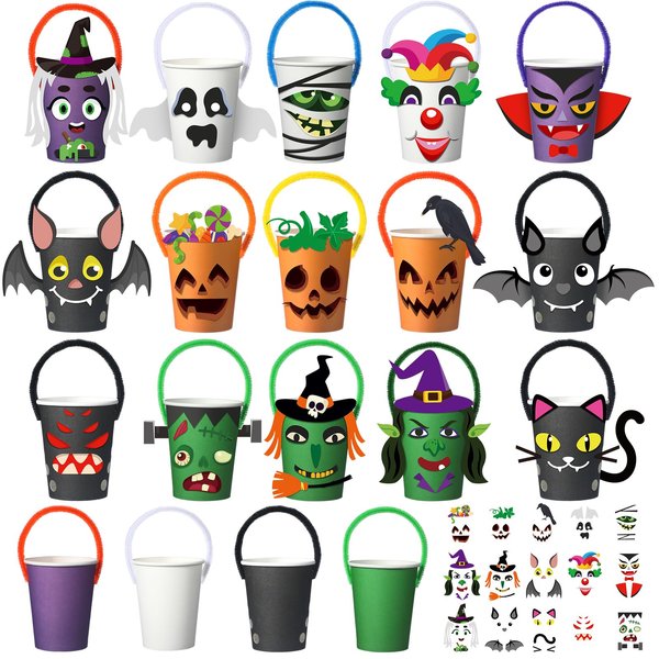 Sliner 190 Pcs Halloween DIY Paper Cup Craft Kits, 9 oz Halloween Theme Paper Cups Happy Halloween Party DIY Cards Colorful Twist Ties for Boys Girls Halloween Holiday DIY Crafts Supplies Favors