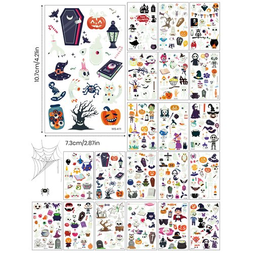 Kalolary Luminous Halloween Tattoo Stickers for Kids, 20 Sheets Glow in the Dark Temporary Waterproof Fake Tattoos Pumpkin Skull Ghost Tattoos for Kids Halloween Party Decorations