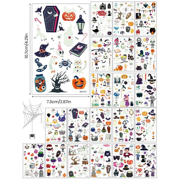 Kalolary Luminous Halloween Tattoo Stickers for Kids, 20 Sheets Glow in the Dark Temporary Waterproof Fake Tattoos Pumpkin Skull Ghost Tattoos for Kids Halloween Party Decorations
