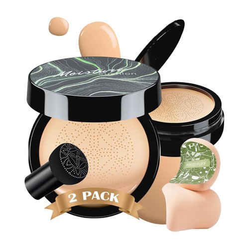 Ursoulney 2 PCS Mushroom Head Air Cushion CC Cream - Long-Lasting Brightening BB Cream Foundation With Powder Puff for Face Makeup and Mature Skin (Natural