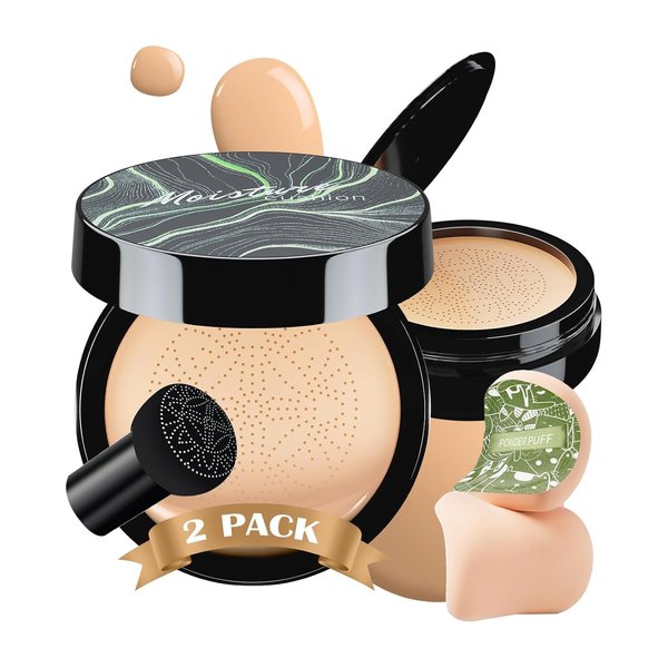 Ursoulney 2 PCS Mushroom Head Air Cushion CC Cream - Long-Lasting Brightening BB Cream Foundation With Powder Puff for Face Makeup and Mature Skin (Natural