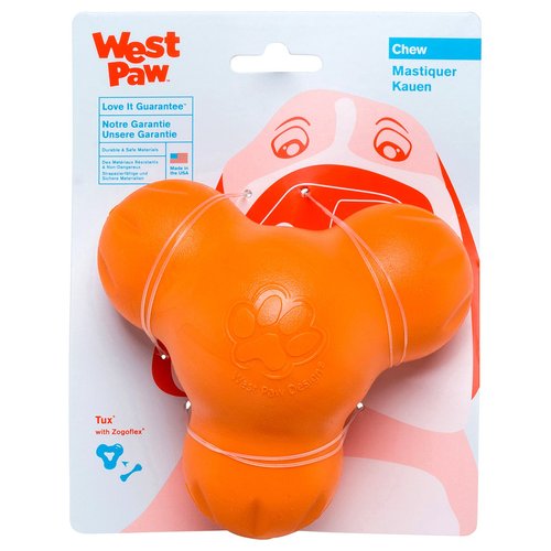 West Paw Zogoflex Tux Treat Dispensing Dog Chew Toy – Interactive Chewing Toy for Dogs – Dog Enrichment Toy – Dog Games for Aggressive Chewers, Fetch, Catch – Holds Kibble, Treats, Small 4", Tangerine