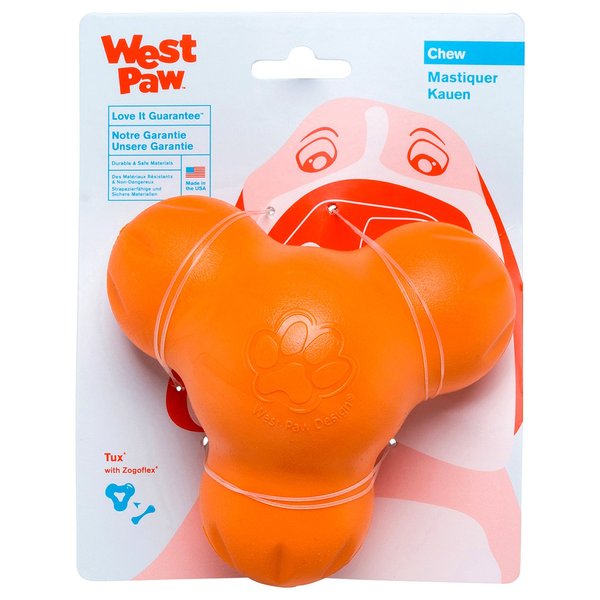 West Paw Zogoflex Tux Treat Dispensing Dog Chew Toy – Interactive Chewing Toy for Dogs – Dog Enrichment Toy – Dog Games for Aggressive Chewers, Fetch, Catch – Holds Kibble, Treats, Small 4", Tangerine