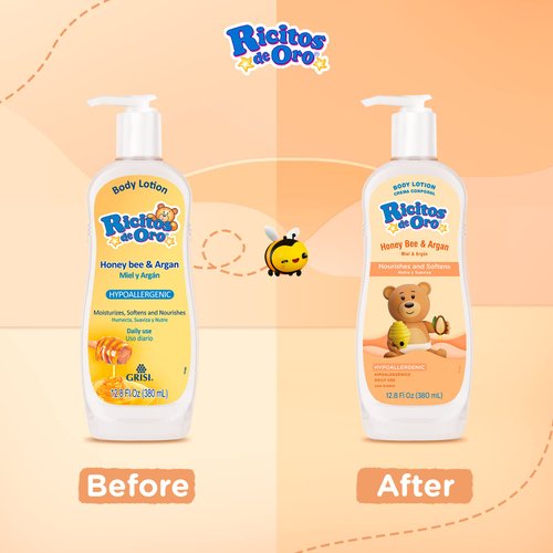 Ricitos de Oro Honey and Argan Baby Body Lotion That Helps Smooth Baby Skin -Hypoallergenic with Honey Bee Extract Delicious Scent, 2-Pack of 12.8 FL Oz Each, 2 Bottles.