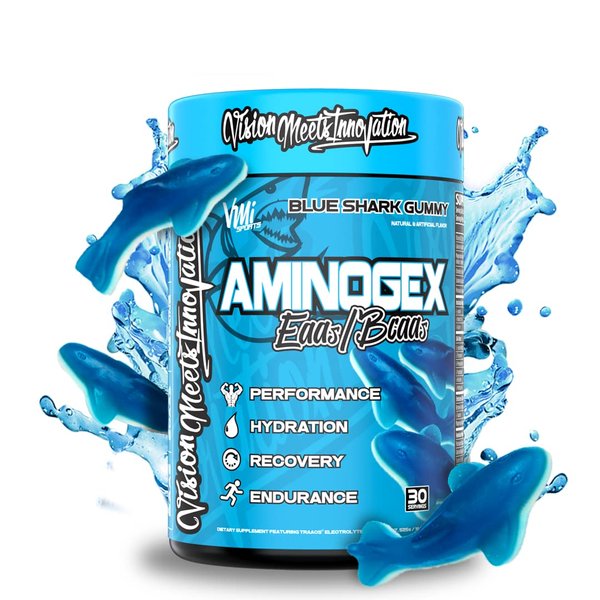 VMI Sports Aminogex Ultra | EAA + BCAA Powder | Amino Acid + Hydration Recovery Drink with Electrolytes, Betaine and Glutamine | (30 Servings) (Blue Shark Gummy)
