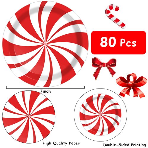 Wiooffen 80Pcs Christmas Peppermint Candy Paper Plates Party Supplies Decorations Candy Mint for Happy New Year Holiday Xmas Peppermint Party Supplies Red and White Striped Disposable Paper Tableware