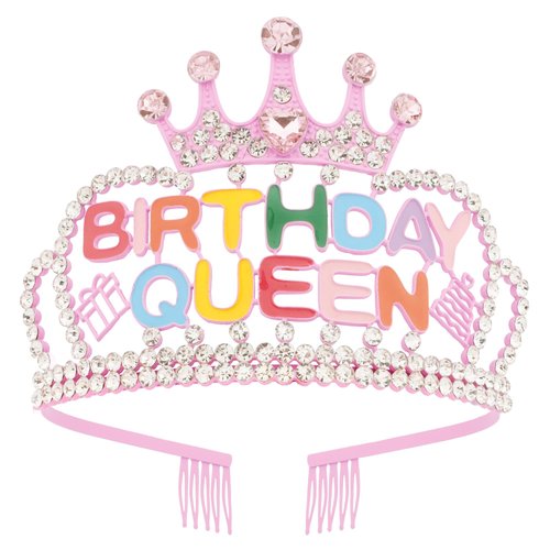 Exacoo Birthday Queen Pink Crown Tiara for Women Girls Crown Headband with Comb Birthday Decorations Party Favors Crystal Rhinestone Crown for Women Hair