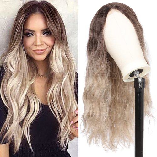 Youthfee 28” Blonde Ombre Wig Human Hair Blended Lace Front Wigs For Black Women Long Curly Wave Middle Parted Wig Highlight Blond Lace Front Wig Glueless Heat Resistant Curly Wavy Wig
