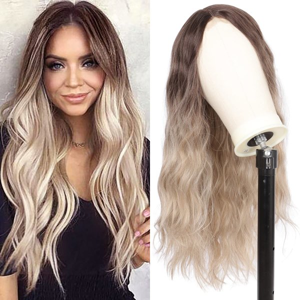 Youthfee 28” Blonde Ombre Wig Human Hair Blended Lace Front Wigs For Black Women Long Curly Wave Middle Parted Wig Highlight Blond Lace Front Wig Glueless Heat Resistant Curly Wavy Wig