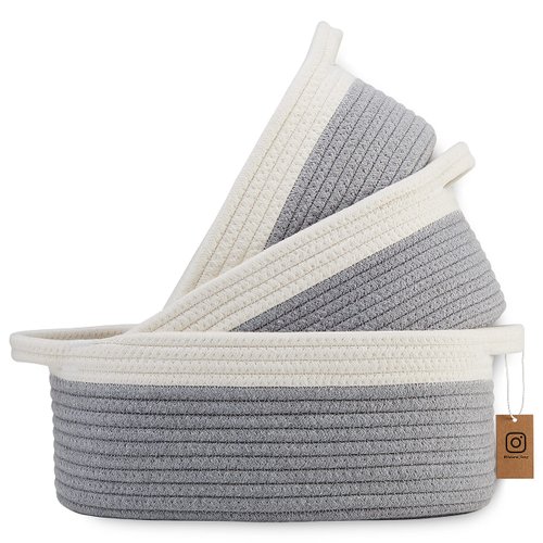 NaturalCozy 3-Piece Oval Basket Set– Natural Rope Woven Baskets for Storage, Gift Basket Empty, Toy Basket, Soft Baby Basket for Nursery, Cat Dog Baskets, Small Basket (Off White & Gray)