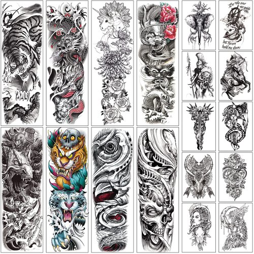 Aresvns Cool Temporary Tattoos for Men and Women 18sheets, Halloween Full arm temporary tattoo,Waterproof sleeve tattoos and half arm tattoos for adults,