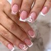 Press on Nails Short Square Fake Nails White French Tip Acrylic Nails Pink Full Cover False Nails Heart & Gold Glitter Glue on Nails Swirl & Glossy Nails for Women 24 Pcs