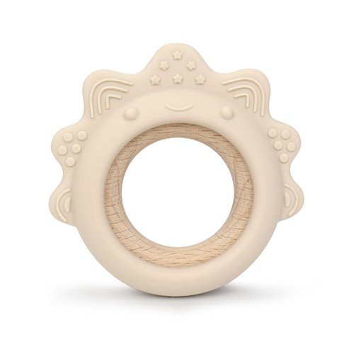 Arudyo Baby Teething Toys Silicone Teethers with Wooden Ring Baby Teether Sensory Toys (Dinosaur Beige)