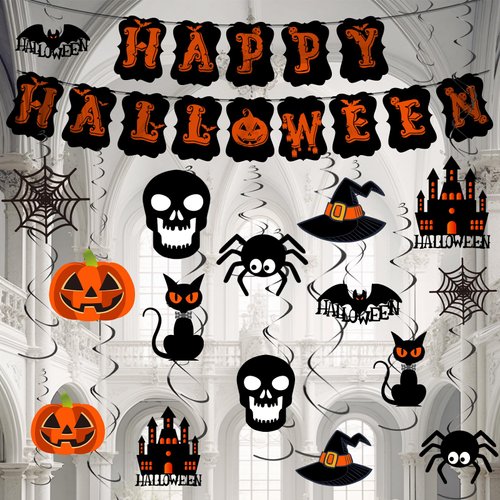 Halloween Hanging Swirl Decorations and Happy Halloween Banner with Spider Pumpkin Sign for Halloween Party Decorations Halloween Party Supplies Decorations