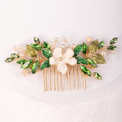 Missgrace Women Bridal Wedding Simple Dainty Gold Green Rhinestones Pearls Flower Leaf Side Hair Comb Special Occasion Headpiece Hair Accessories for Women