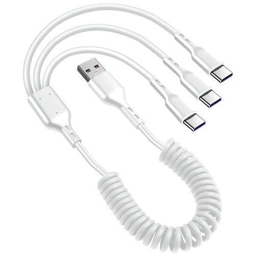 GELRHONR Retractable USB A to USB C Multi Charging Cable,Coiled 5A 3 in 1 Multiple USB C Fast Charging Cord,Compatible with Cell Phones Tablets Android and More （MAX 6.5Ft (White 1 to 3)