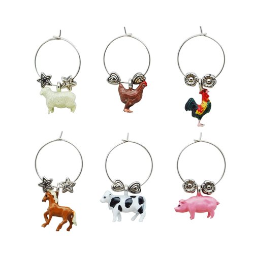 Wine Things 6-Piece Wine Charms/Wine Glass Tags/Drink Markers for Stem Glasses, Wine Tasting Party (Barnyard)