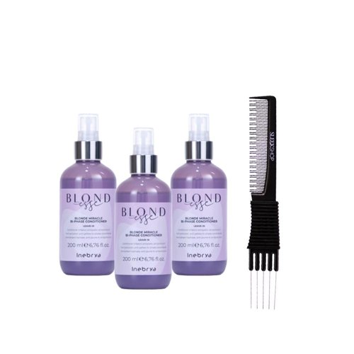 kuss Inebrya Blondesse Blonde Miracle Bi-Phase Conditioner (6.76 oz) with Teasing Comb Pack of 3, Purple