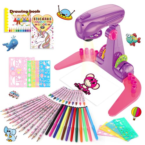 Hoarosall Kids Drawing Projector, Art and Craft Kit, Toys for Girls Aged 3+, Including Colored Pencils, Crayons, Coloring Books, Drawing Stencil etc, Gift for 3+ Year Old Girls (Unicorn Drawing Kit)