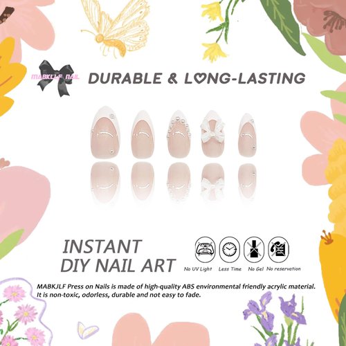Short Press on Nails Almond MABKJLF French Tip Fake Nails Nude Full Cover Pearl Bow Charm False Nails with Designs Glossy Glue on Nails Petite Cute Acrylic Nails Artificial Nails for Women Girls 24Pcs