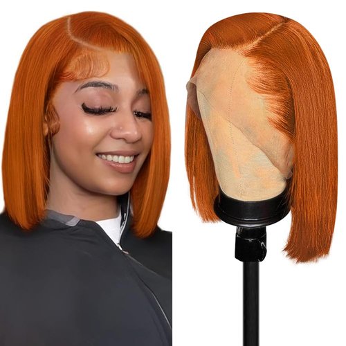 Dorosy Hair Orange Bob wig Ginger Transparent Lace Front Wigs Human Hair Pre Plucked with Baby Hair 150% Density Brazilian Straight Bob Wigs 13x4 Lace Front Bob Wigs for Black Women(8 inch)