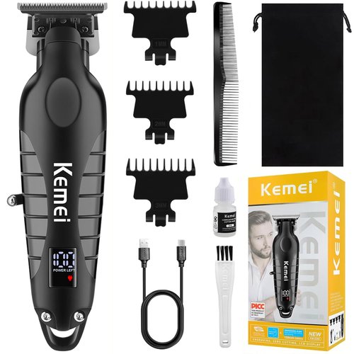 Kemei Trimmer Professional Cordless Hair Clipper for Men, Electric Beard Trimmers Barber Hair Cuttings Kit, Zero Gapped T Blade Trimmers for Men with LCD Display, KM-2293