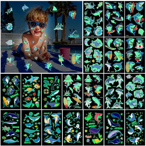 Saypacck 20 Sheets 260 Styles Glow Shark Tattoos for Kids Luminous Shark Temporary Tattoos Ocean Under Sea Cartoon Decorations Stickers Gifts Birthday Party Favors Supplies for Boys Girls