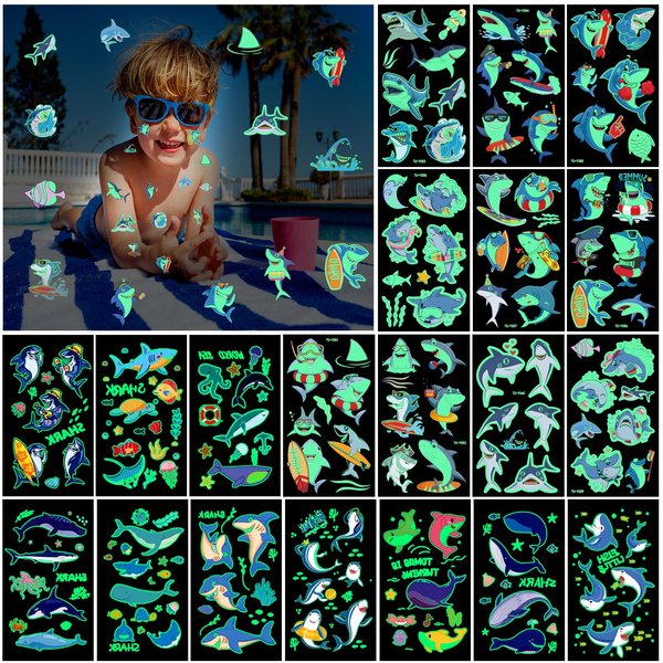 Saypacck 20 Sheets 260 Styles Glow Shark Tattoos for Kids Luminous Shark Temporary Tattoos Ocean Under Sea Cartoon Decorations Stickers Gifts Birthday Party Favors Supplies for Boys Girls