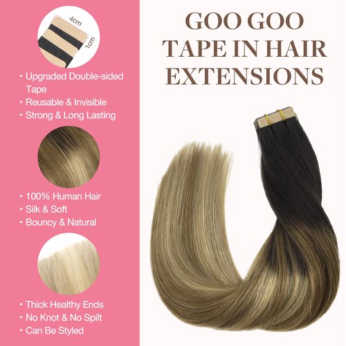 GOO GOO Tape in Hair Extensions Human Hair, 2/6/18 Balayage Brown to Dirty Blonde, 20inch 50g 20pcs, Thick Ends Straight Seamless Tape in, Invisible Tape in Hair Extensions Human Hair