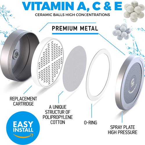 AquaHomeGroup Luxury Filtered Shower Head (Metal) 2 Cartridges Vitamin C+E+A + 5 Shower Caps - Reduses Chlorine & Sediments - Consistent Water Pressure - Massage and SPA Effery Shower Head