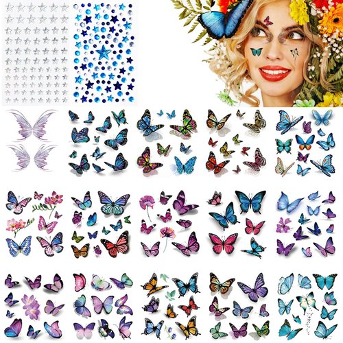 17 Sheets Glitter Butterfly Temporary Tattoos with Star Face Gems Butterfly Temporary Tattoo Sticker Blue White Rhinestone Face Gem for Women Girls Make Up Decoration