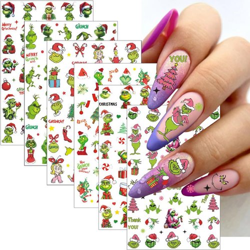 6 Sheets Christmas Green Nail Stickers for Nail Art - SHANRUN Cute Cartoon 3D Nail Art Stickers Self-Adhesive Sliders Nail Decals Supplies for Xmas Nail Tips DIY Press on Nails Decoration Accessories