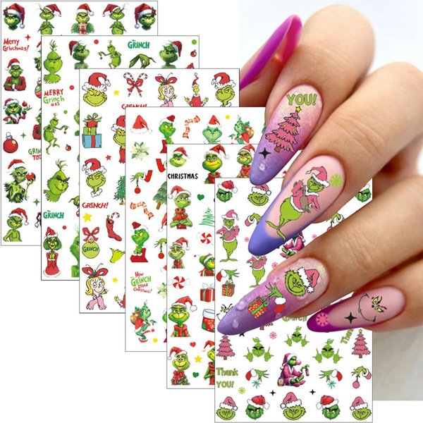 6 Sheets Christmas Green Nail Stickers for Nail Art - SHANRUN Cute Cartoon 3D Nail Art Stickers Self-Adhesive Sliders Nail Decals Supplies for Xmas Nail Tips DIY Press on Nails Decoration Accessories