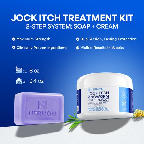 Hermon Antifungal Jock Itch Cream & Soap Kit: Anti Fungal Treatment for Ringworm, Psoriasis, & Athlete's Foot with Tea Tree Soap - Provides Soothing Relief for Body & Foot - 3.4 oz. / 2 Bars