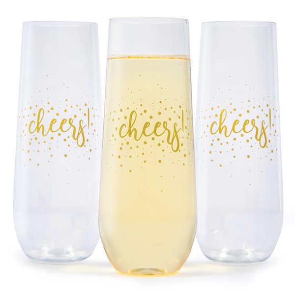 Prestee 24pk Stemless Plastic Champagne Flutes, 9 Oz - Clear Plastic Wine Glasses - Shatterproof Mimosa Bar Supplies - Disposable Cocktail Glasses/Cups, Wine Glass, New Years Eve Party Supplies 2024