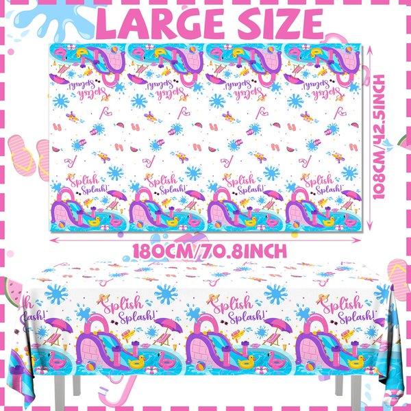 3Pieces Pink Splish Splash Birthday Decorations Tablecloth, 71 * 43 Inch Summer Birthday Party Decorations Tablecloth Disposable Water Slide Party Decorations Table Cover for Pool Birthday Party