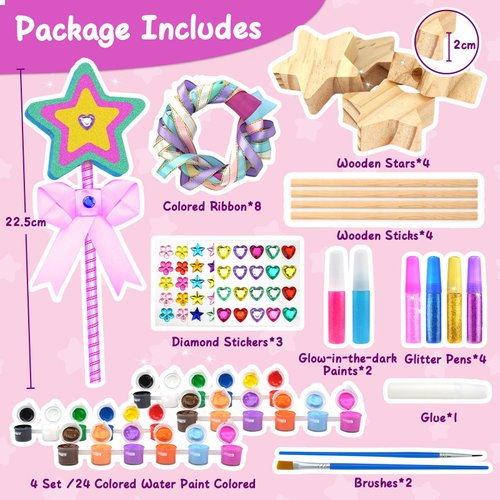 Ambesi Make Your Own Princess Wand Craft Kit, 4PCS Thick Wooden Fairy Wands with Gem Stickers & Ribbons, Art Kits for Toddler, Girls Painting Crafts Birthday Holiday Gifts for Girls Ages 3 4 5 6