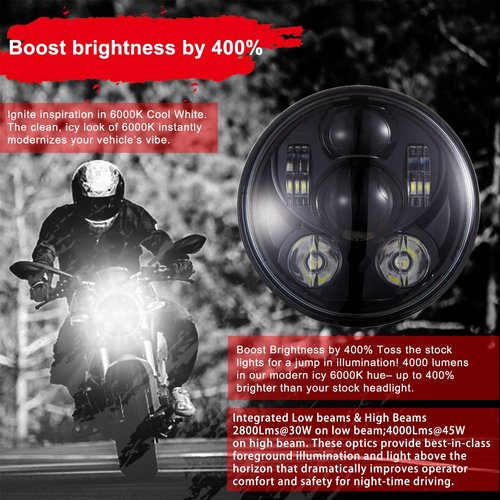 Wisamic 5-3/4 5.75 inch LED Headlight - Compatible with Harley Davidson Dyna Street Bob Super Wide Glide Low Rider Night Rod Train Softail Deuce Custom Sportster Iron 883-Black