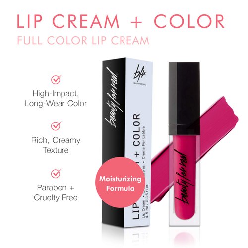 Beauty For Real Lip Cream + Color, Hotter Than Miami - Rich Vibrant Magenta - Long-Wear, Moisturizing Formula - Cupuacu Butter, Organic Neroli & Mandarin Oil - With Mirror & LED Light - 0.15 fl oz
