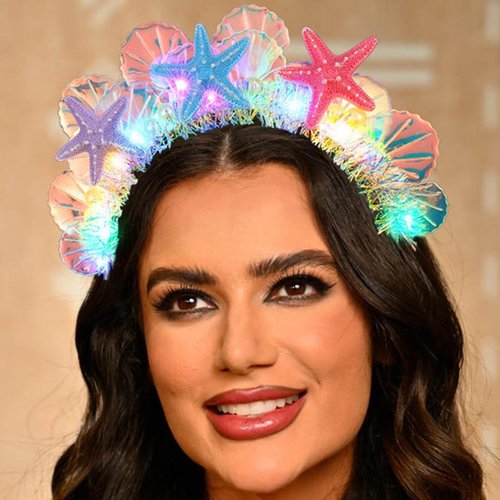 CAKURE Light up Starfish Headband LED Seashell Hair Band Glow Glitter Tinsel Headpiece Party Mermaid Costume Hair Accessories for Women and Girls