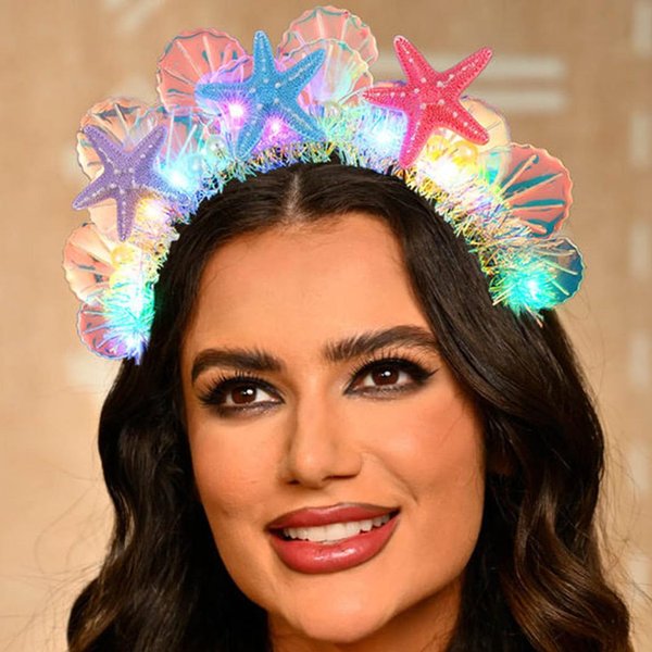 CAKURE Light up Starfish Headband LED Seashell Hair Band Glow Glitter Tinsel Headpiece Party Mermaid Costume Hair Accessories for Women and Girls