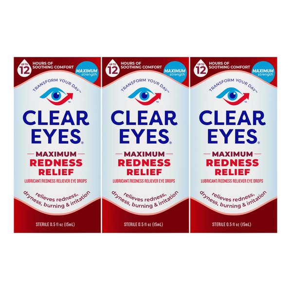 Clear Eyes Maximum Redness Eye Relief Eye Drops, 0.5 Fl Oz, Pack of 3