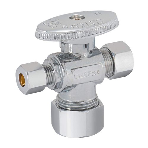 Eastman Quarter-Turn Dual Outlet 3-Way Stop Valve, 3/8 Inch OD Compression x 1/4 Inch OD Compression x 5/8 Inch OD Compression, Chrome Plated, 48654LF