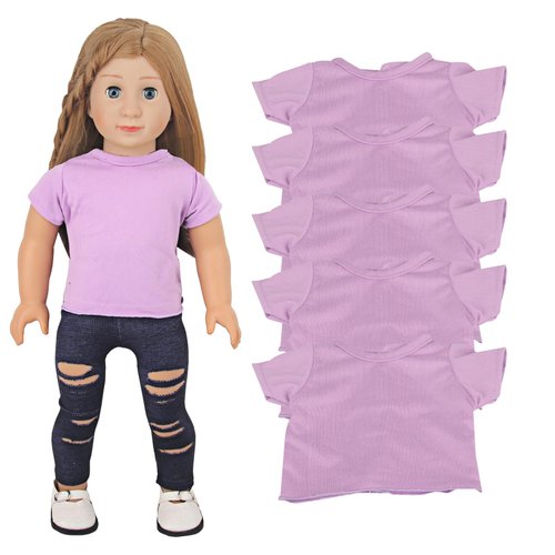 AugFrog 5 Pcs Doll T-Shirts for 18 Inch Dolls, Summer Outfit Doll Clothes Doll Accessories, Short Sleeved T-Shirts Classical Tee Fit for 18 Inch Doll (Purple)