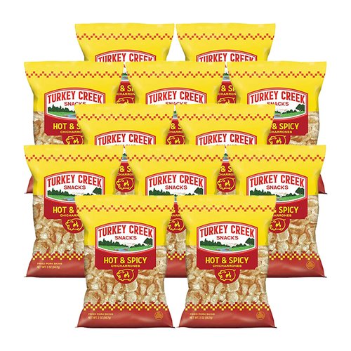 Turkey Creek - America’s Best Fried Pork Skins, offers a 12-Bag Straight Pack of its Hot Pork Rinds. These Pork Skin Chips(Chicharrones) are packed with Hot 12-2.0 oz bags.
