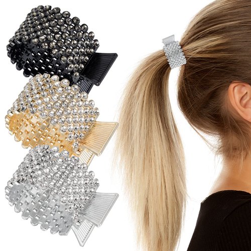 Noverlife 3PCS Rhinestone Hair Claw Clips for High Ponytail, Small Metal Shark Hair Clips Ponytail Buckle Holder for Thick Long Hair, Decorative Hair Barrettes Hair Accessories for Women & Girls