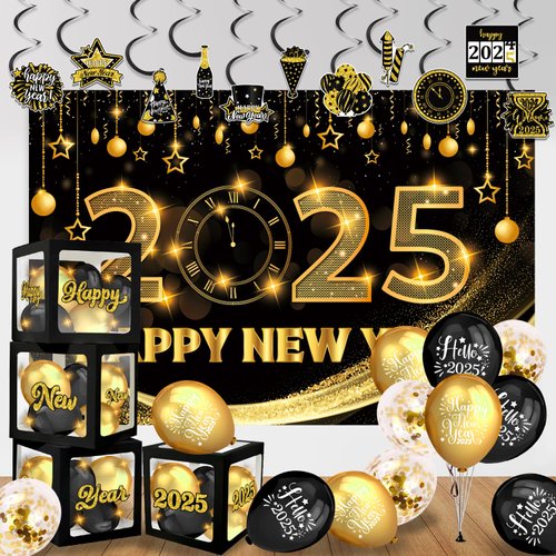 GERMISHUYS Happy New Year Decorations 2025, Happy New Year Decorations Includes New Years Backdrop, Banner, Latex Balloons, Happy New Year Box and Sticker, New Years Eve Party Decorations Supplies