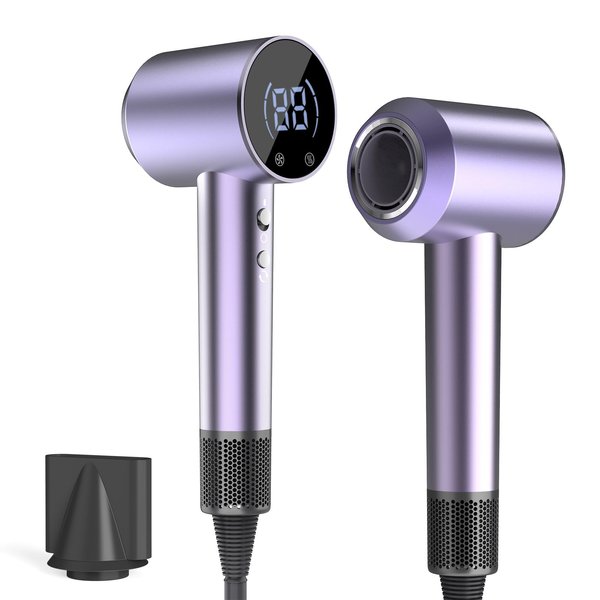 Hair Dryer,110000RPM Low Noise Thermo-Control Hair Dryer,1300W High-Speed Brushless Motor Negative Ionic Blow Dryer for Fast Drying with Nozzle（Purple）