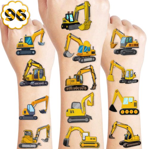 100 PCS Excavator Temporary Tattoos Themed Birthday Party Decorations Decor Supplies Favors Construction Vehicle Truck Tattoo Stickers Gifts For Game Boys Girls Classroom School Prizes Carnival Reward